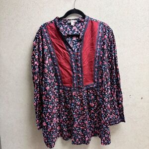 Woman Within‎ 1X Plus Womens Floral  Burgundy Roses Boho Artsy Festival Blouse